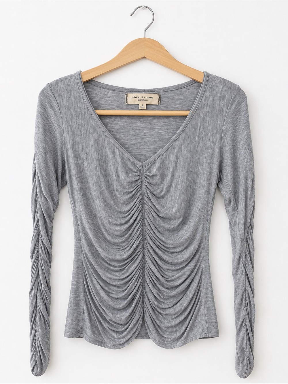 NWOT Max Studio Gray Ruched V-Neck Long Sleeve Top
